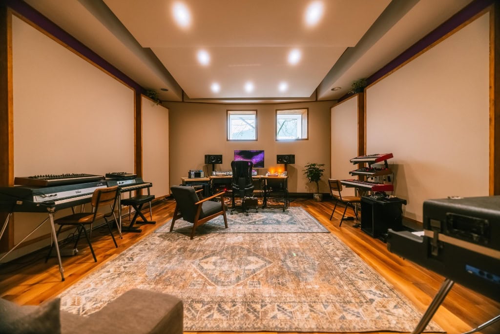 Custom-built music studio with wooden floor and acoustic panels, Sound City Acoustics